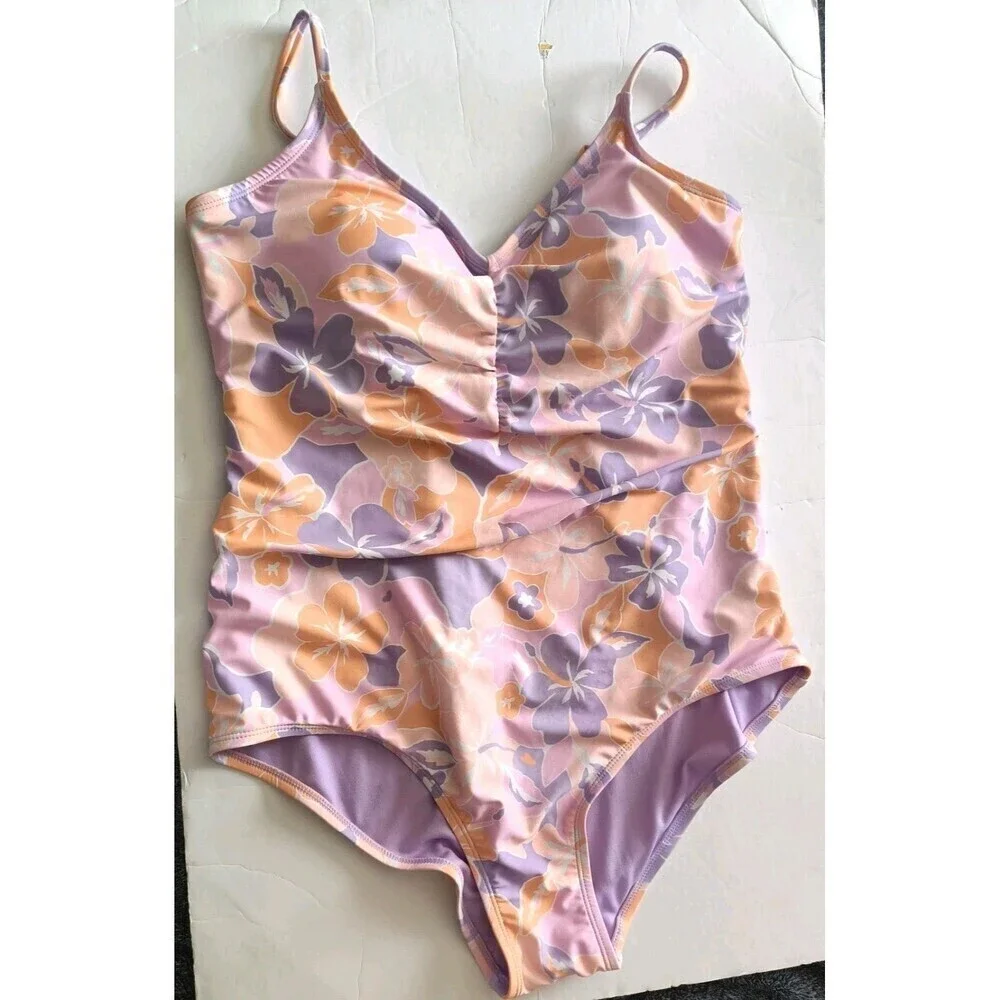 Ninety Nine One Piece Swimsuit Size 1X Purple Floral Print Ruched Resort Pool